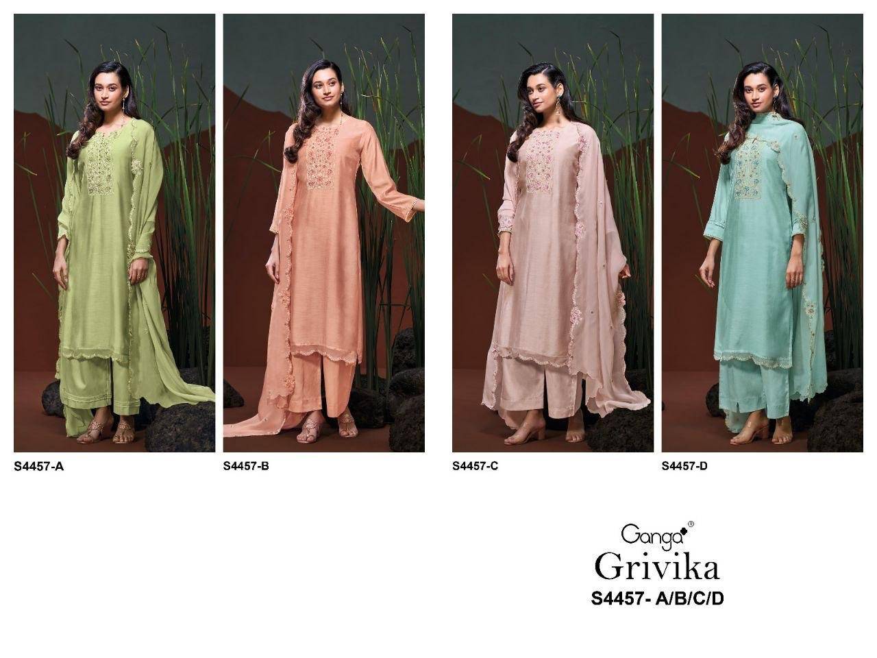 GRIVIKA 4457 by GANGA FASHION 4457A TO 4457D SERIES Stylish Beautiful Colourful PREMIUM PURE BEMBERG Dresses At Wholesale Price